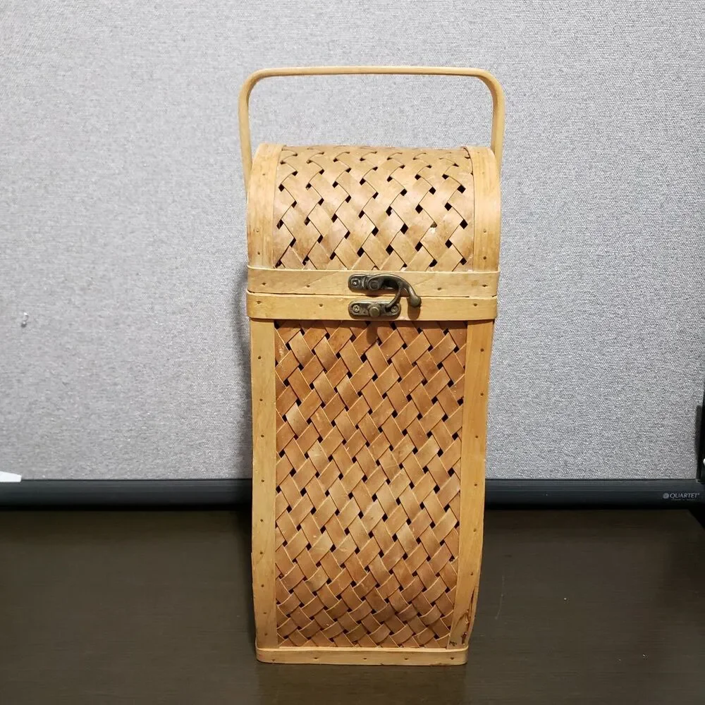 Wicker Weaved Tan  Wine Carrier / Storage Basket with Holder & Latch